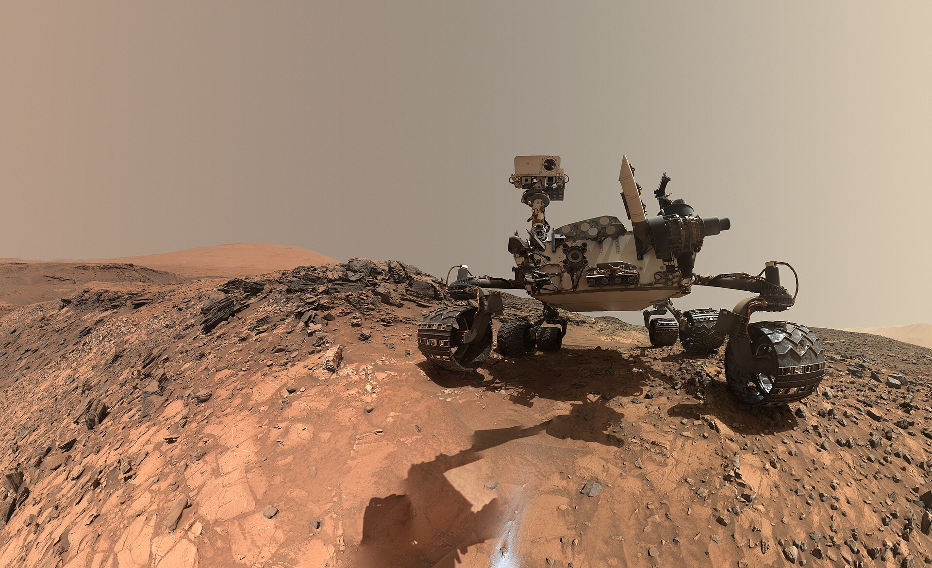 Self-portrait of NASA's Curiosity rover on layered rock in Gale crater, Mars